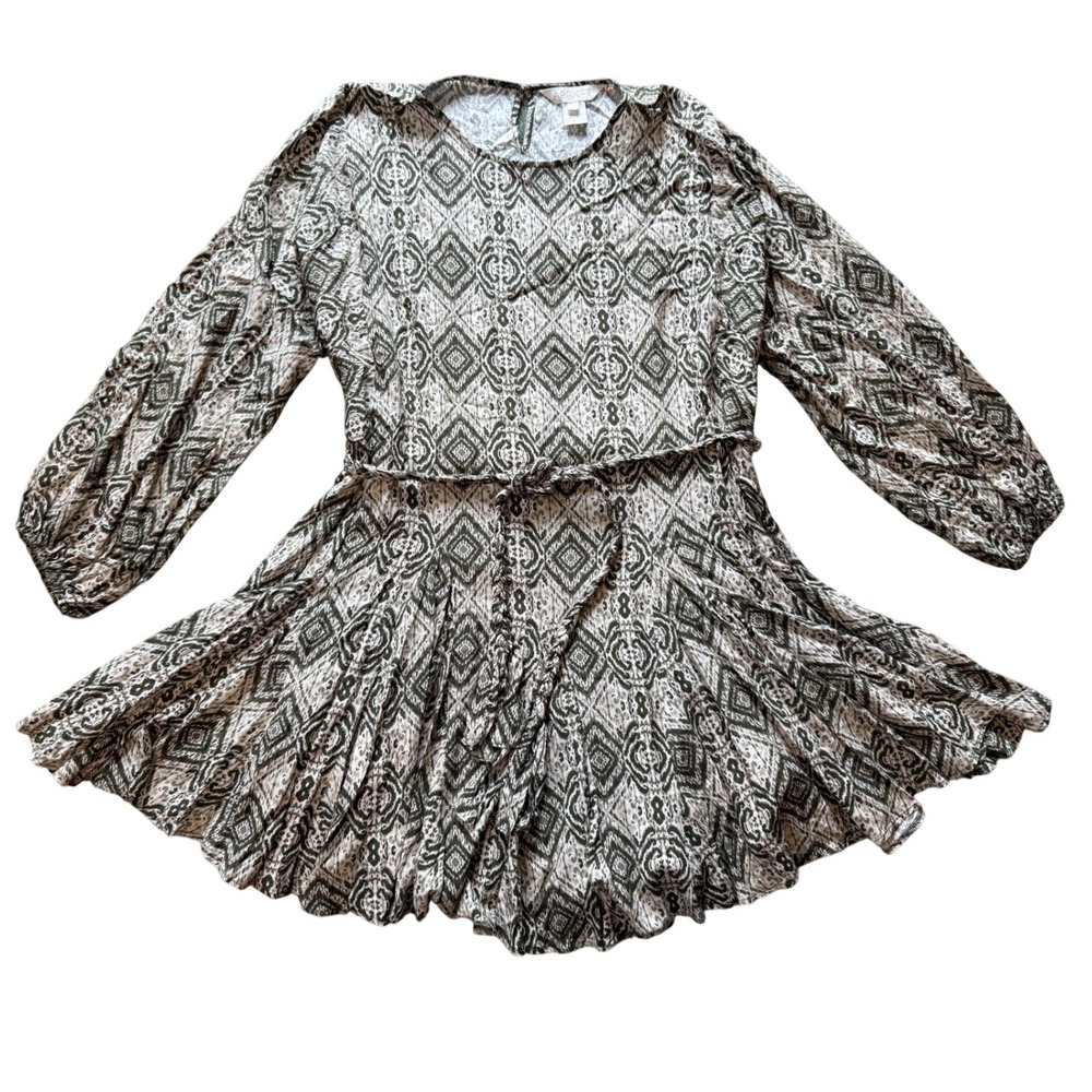 Apricot Women Dress Size 8‎ Olive Green Geometric Ikat Print Long Sleeve Belt